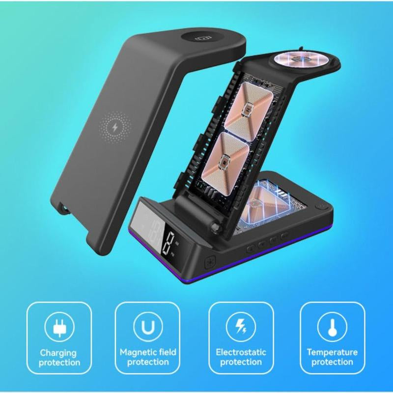 5 in 1 Wireless Charger, Foldable Magnetic Wireless Charger with Electronic Clock Function, Multifunctional Charging Station