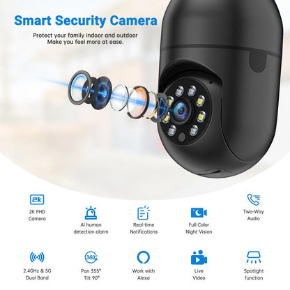 WESECUU Security Cameras for Home,2K Bulb Camera Wireless 5G&2.4Ghz Wifi,355° Pan/Tilt,Full Color Night,2-Way Audio,Monitor Monitoring,Smart Alarm